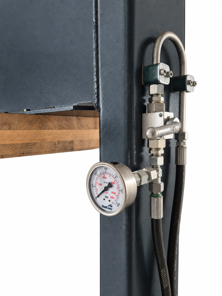 Hydraulic pressure gauge and connections of pack press