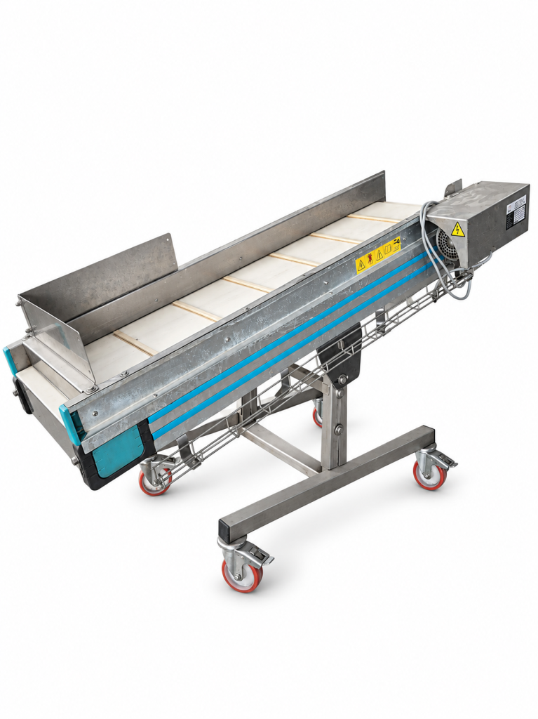 Sorting conveyor with mobile stainless-steel frame