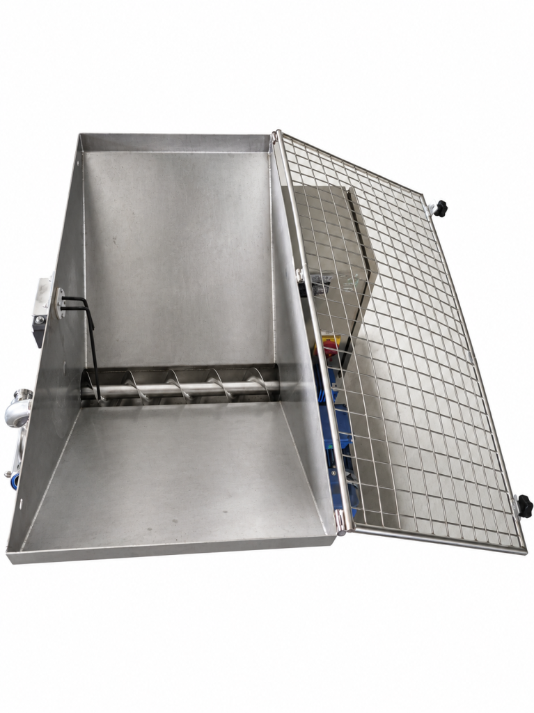 Open stainless-steel hopper with internal screw