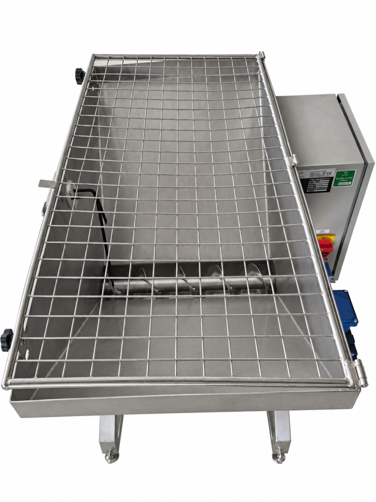 Hopper safety grid and internal screw conveyor